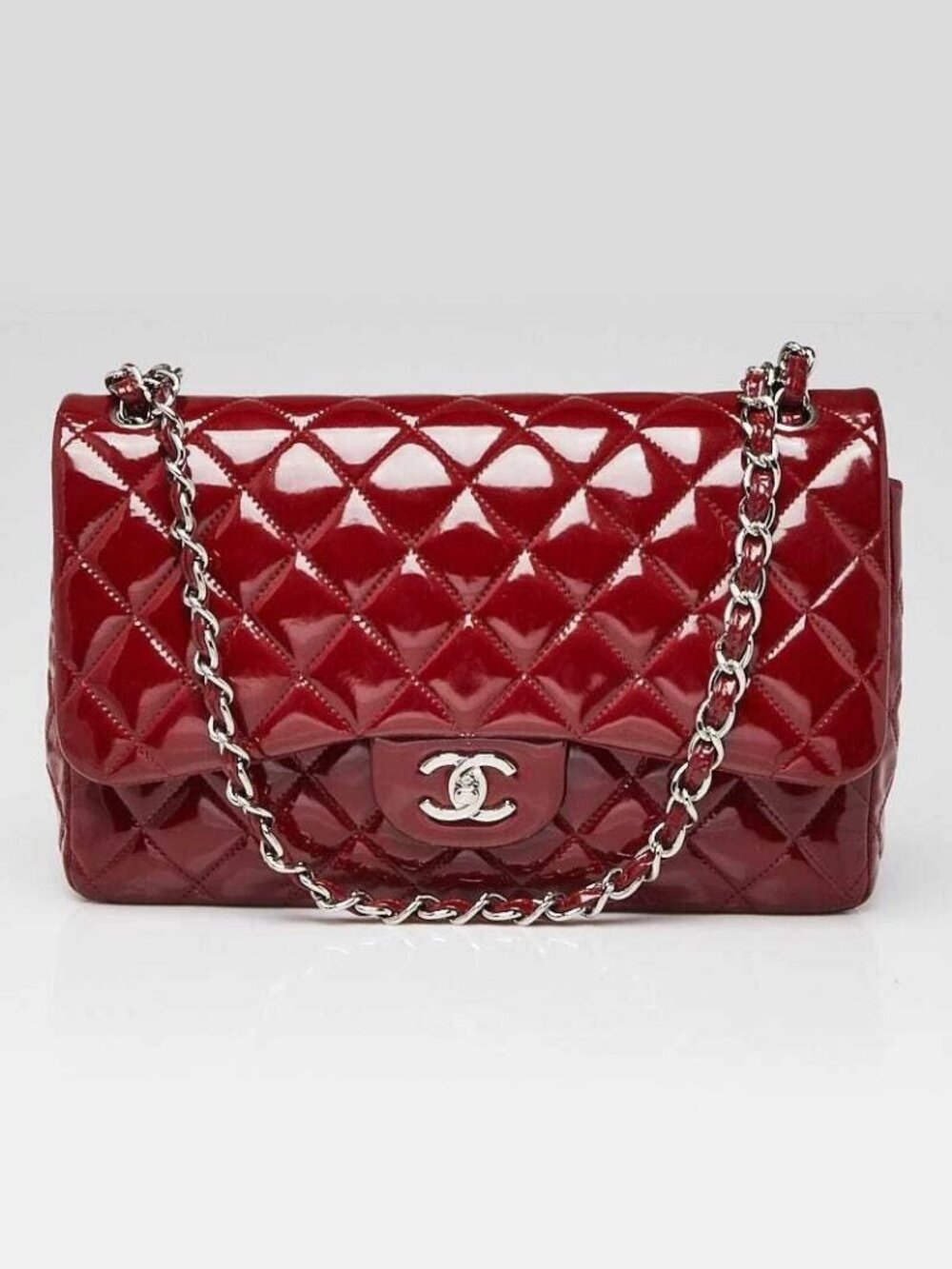 Chanel Red Quilted Patent Leather Classic Jumbo Double Flap Bag